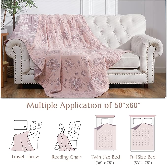 jinchan Boho 100% Cotton Muslin Twin Size 50x60 Inches Blanket Lightweight 4-Layer Quilted Soft Pink Red Floral Throw Blanket Reversible Comfy Flower Breathable All Seasons Couch Bedroom Decor-Ruum Studio Home