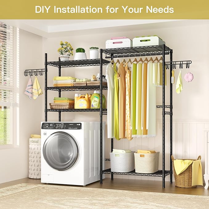 Ulif 65.3" W x 13.4" D x 77.5" H Clothes Drying Rack, 5 Tiers Over Washer and Dryer Laundry Room Storage and Organizer, Heavy-Duty Space Saver, Black-Ruum Studio Home