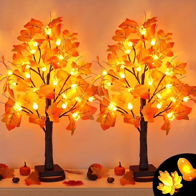 2 Pack 24 Inch Prelit Fall Maple Tree Fall Decor with 48 LED Timer Battery Operated Artificial Fall Light Up Tree Pumpkin Maple Acorn for Fall Thanksgiving Decorations Table Home Indoor Autumn Harvest-Ruum Studio Home