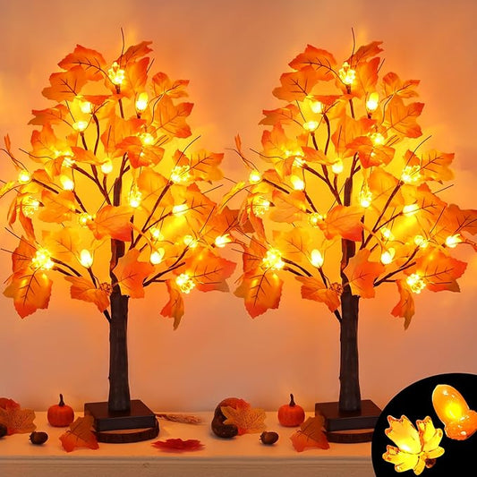 2 Pack 24 Inch Prelit Fall Maple Tree Fall Decor with 48 LED Timer Battery Operated Artificial Fall Light Up Tree Pumpkin Maple Acorn for Fall Thanksgiving Decorations Table Home Indoor Autumn Harvest-Ruum Studio Home