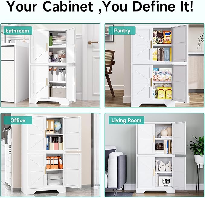 SISESOL White Storage Cabinet with 4 Doors and 2 Adjustable Shelves,Farmhouse Food Pantry Cabinets,Small Bathroom Cabinet,4 Tier Metal Storage Cabinets for Home Kitchen,Dining/Living/Laundry/Room-Ruum Studio Home