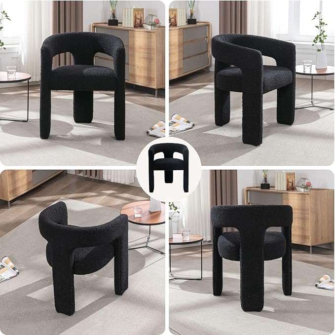 Black Sherpa Dining Chairs Set of 2, Modern Barrel Dining Room Chairs Upholstered Faux Fur Accent Chair with Arms and Round Back for Living Room Kitchen Armchair No Assembly Needed-Ruum Studio Home