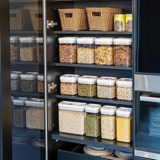 Felli Flip Tite Food Storage Container 5" LARGE 5pk Set + No Residue Label, Airtight Lid Easy Lock Top Stackable, Plastic Canister Jar for Pantry Kitchen Fridge Organizer Pasta Protein Powder Spice-Ruum Studio Home