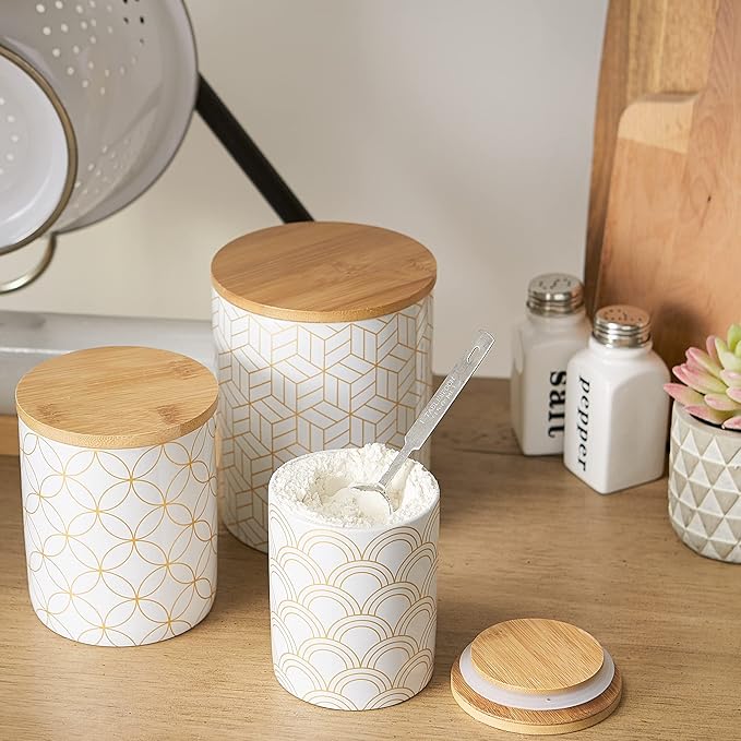 DII Kitchen Ceramics Collection, Canister Set, Mixed Print, White/Gold, 3 Piece-Ruum Studio Home