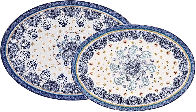Bico Blue Talavera 16 plus 14 inch Oval Platters Set, Set of 2, Microwave and Dishwasher Safe, for Serving Fish, Chicken, Turkey-Ruum Studio Home