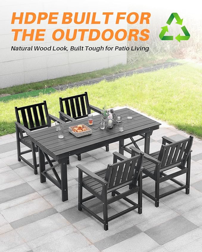 HDPE Outdoor Dining Table, 66.9” Rectangle Patio Dining Table for 6, All-Weather HDPE Outdoor Table with 2.2” Umbrella Hole, HDPE Patio Furniture for Deck, Backyard, Garden, Pool, Obsidian-Ruum Studio Home