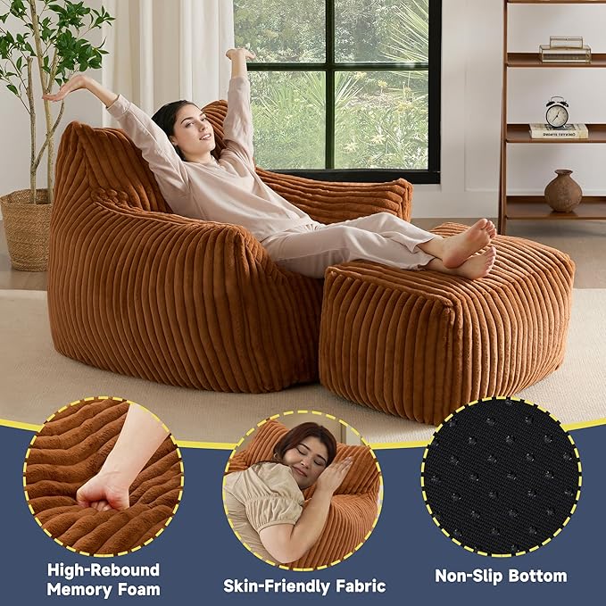 Giant Bean Bag Chairs for Adults, Oversized Chaise Lounge Chair Indoor with Memory Foam - Plush Boneless Lounger & Ottoman for Bedroom, Living Room, Gaming & Reading, Lazy Floor Sofa Chair, Orange-Ruum Studio Home