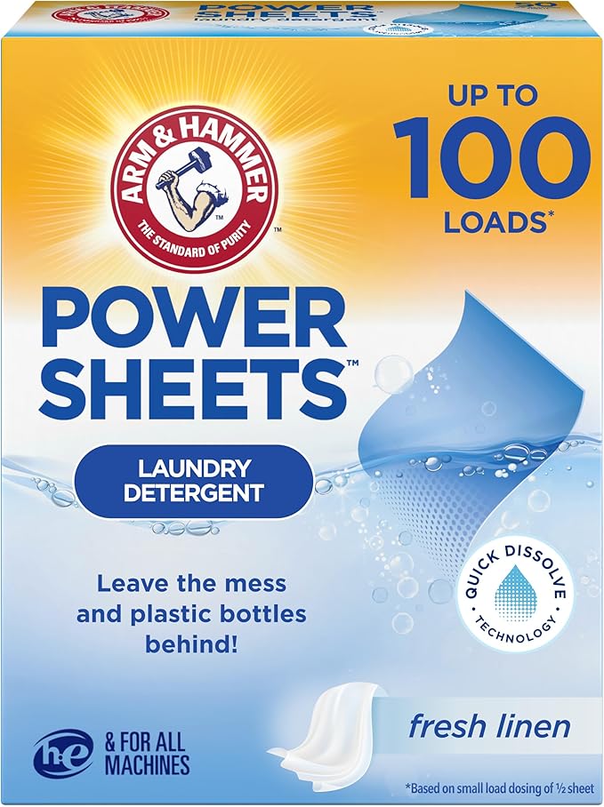 Arm & Hammer Power Sheets Laundry Detergent, Fresh Linen 50ct, up to 100 Small Loads (Packaging may vary)-Ruum Studio Home