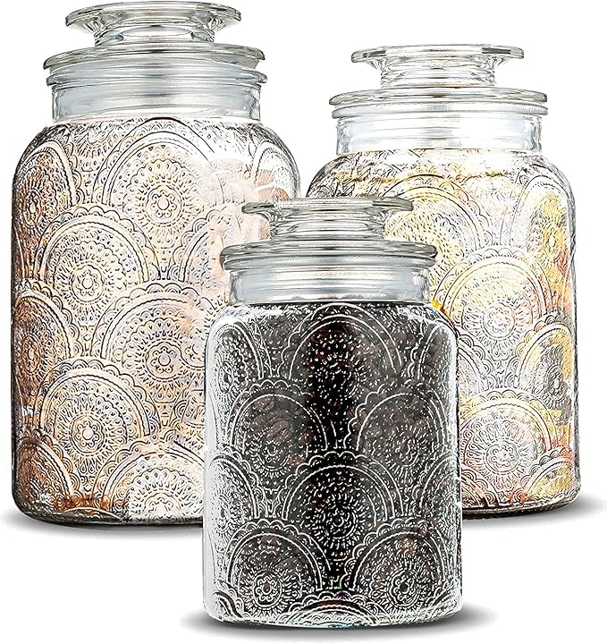 Le'raze Food Storage Containers with Airtight Lids - Retro Design - Pantry Organization, Glass Canisters Storage for Cookies, Tea, Sugar, Candy Jars, Sugar Packet, Set of 3-Ruum Studio Home
