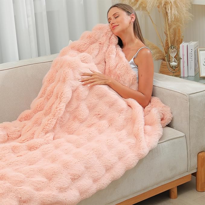RYNGHIPY Faux Fur Bed Blankets Fluffy Warm Throw Blanket for Sofa Couch Soft Plush Decorative Blanket Thick and Heavy Cute Bubble Furry Blanket (Blush, 51''x63'')-Ruum Studio Home