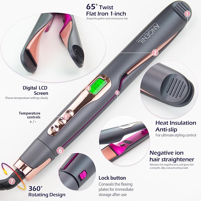 ANGENIL Pro Twist Ceramic Flat Iron 1 Inch, Dual Voltage Hair Straightener and Curler 2 in 1, Multi-Stylers Round Flat Iron Hair Curling Iron, Fast Heating LCD Display, 11 Adjustable Temp (250℉-450 ℉)-Ruum Studio Home