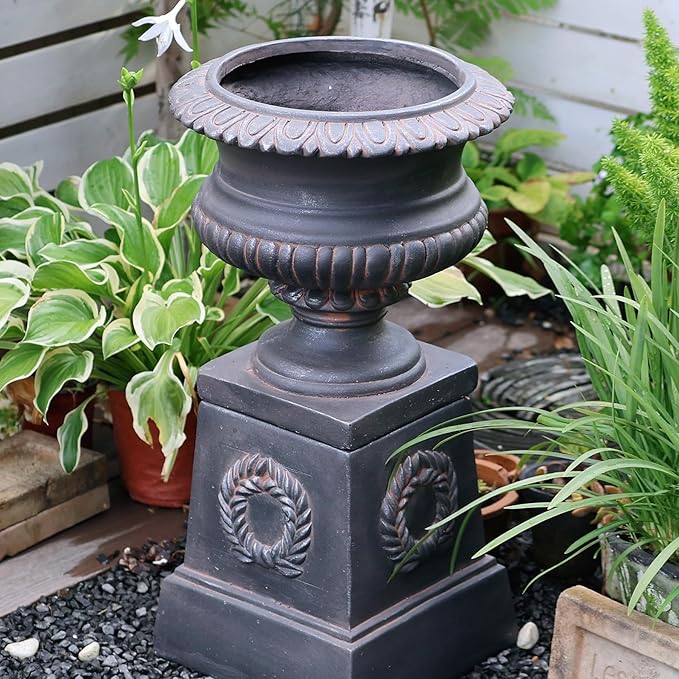 VISIBLE Classic Garden Urn Planter with Pedestal, Black Antique Finish, Cement Fiber Material, Decorative Leaf Pattern, 22 Inch Height, Indoor Outdoor Use, Delivered from Local Warehouse (Black)-Ruum Studio Home