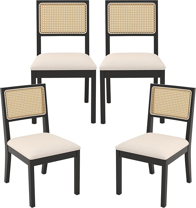 Westice Rattan Dining Chairs Set of 4, Farmhouse Natural Dining Room Chairs with Upholstered Cushion, Wood Armless Chairs for Kitchen/Restaurant, Black-Ruum Studio Home