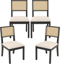 Westice Rattan Dining Chairs Set of 4, Farmhouse Natural Dining Room Chairs with Upholstered Cushion, Wood Armless Chairs for Kitchen/Restaurant, Black-Ruum Studio Home