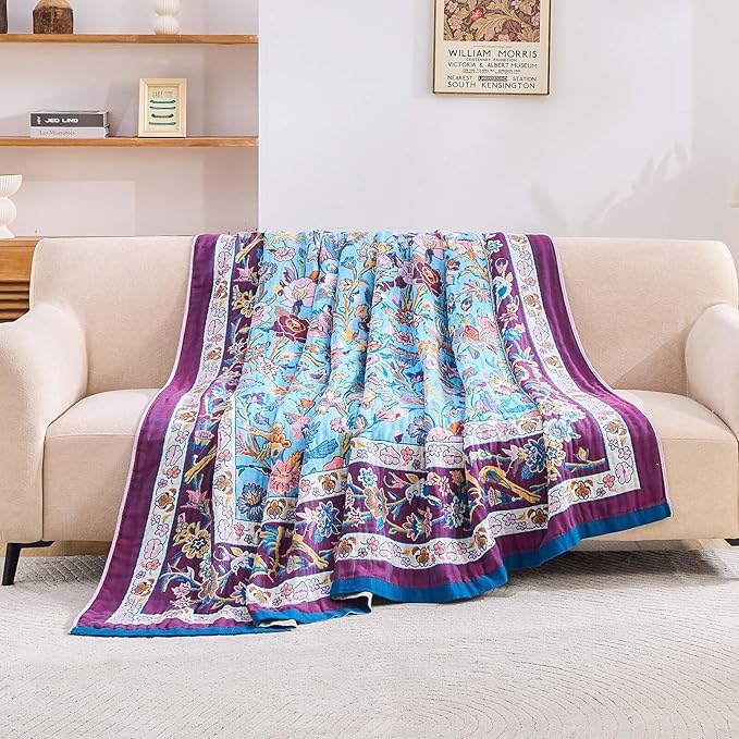 Fall Blanket for Bed, 100% Cotton Soft Rustic Boho Throw Blanket Quilt, 50"x60" Farmhouse Decor Bed Flower Blankets, Light Weight Reversible Bohemian Throw Quilt-Ruum Studio Home