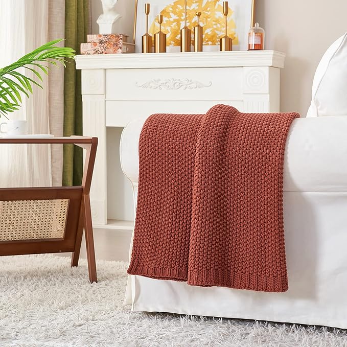 Longhui bedding Chunky Cable Knit Throw Blanket Lightweight Rust 100% Organic Cotton Blanket for Sofa Couch Bed Baby Nursery, Rustic Shabby Chic Modern Farmhouse, 60” x 80” Give Laundering Bag-Ruum Studio Home