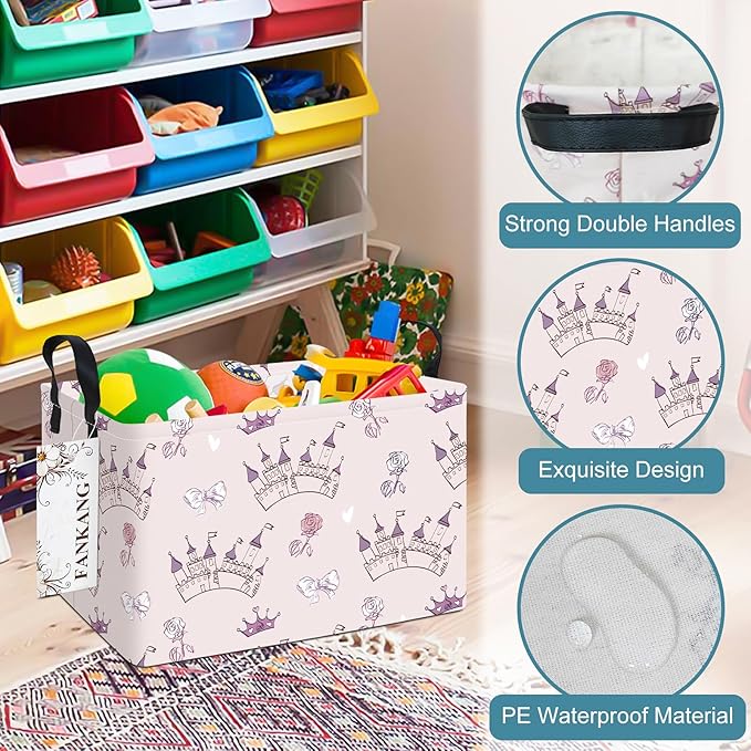 FANKANG Storage Bins, Nursery Hamper Canvas Laundry Basket Foldable with Waterproof PE Coating Large Storage Baskets for Kids Boys and Girls, Office, Bedroom, Clothes,Toys(Rec-Princess Castle-Ruum Studio Home