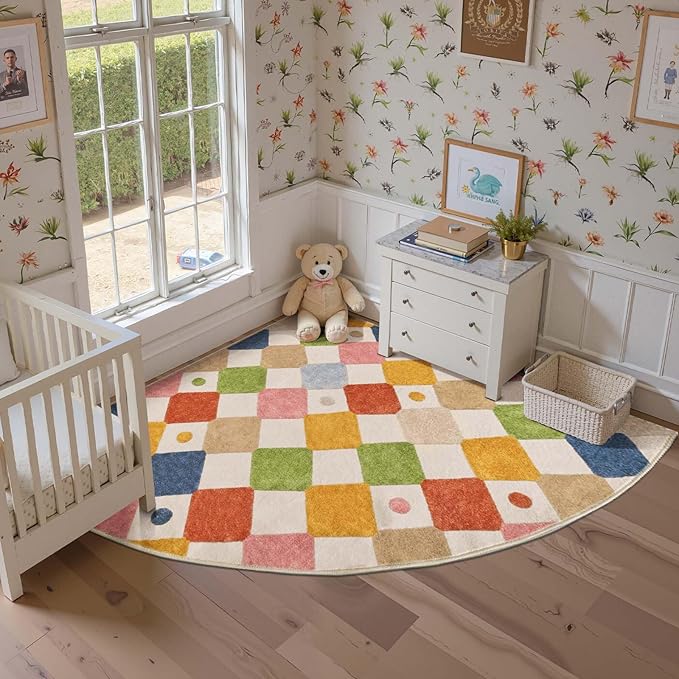 jinchan Kids Rug for Nursery 6ft Radius Corner Washable Area Rug Modern Colorful Quarter Circle Rug Soft Non-Slip Carpet for Bedroom Playroom Daycare Reading Nook Kitchen Classroom Circus on Cream-Ruum Studio Home