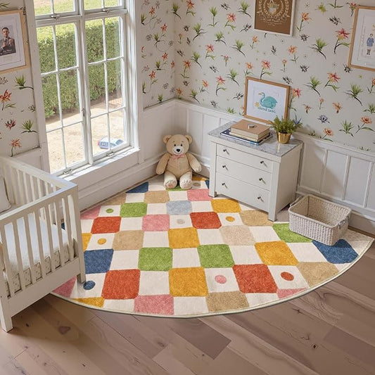 jinchan Kids Rug for Nursery 6ft Radius Corner Washable Area Rug Modern Colorful Quarter Circle Rug Soft Non-Slip Carpet for Bedroom Playroom Daycare Reading Nook Kitchen Classroom Circus on Cream-Ruum Studio Home