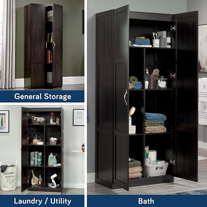 Sauder Storage Cabinet/ Pantry cabinets, 29.61 " x D: 16.02 " x H: 71.50", Cinnamon Cherry finish-Ruum Studio Home