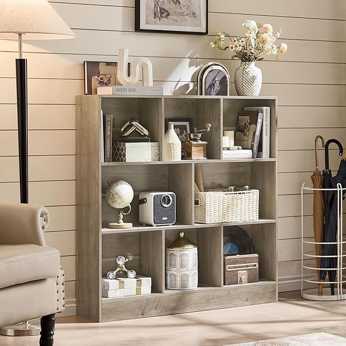 LEYAOYAO 8 Cube Bookshelf with Base,3 Tier Mid-Century Modern Grey Bookcase,Standing Wide Bookshelves Storage Organizer Shelf,Rustic Wood Display Cabinet Book Shelves for Bedroom,Living Room,Office-Ruum Studio Home