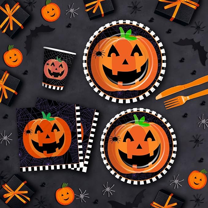 Halloween Plates and Napkins Party Supplies, Pumpkin Halloween Party Decorations Tableware, Pumpkin Paper Plate, Cup, Napkin, Tablecloth, Disposable Cutlery, Serves 24-Ruum Studio Home