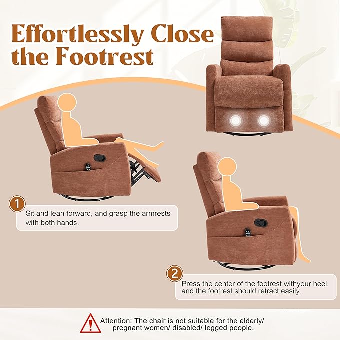 Manual Swivel Rocker Recliner Chair for Adults, Overstuffed Reclining Glider Chair for Nursing with Vibration Massage & Heat, Living Room Rocking Recliner 3-Stage backrest, Chenille Fabric Orange-Ruum Studio Home