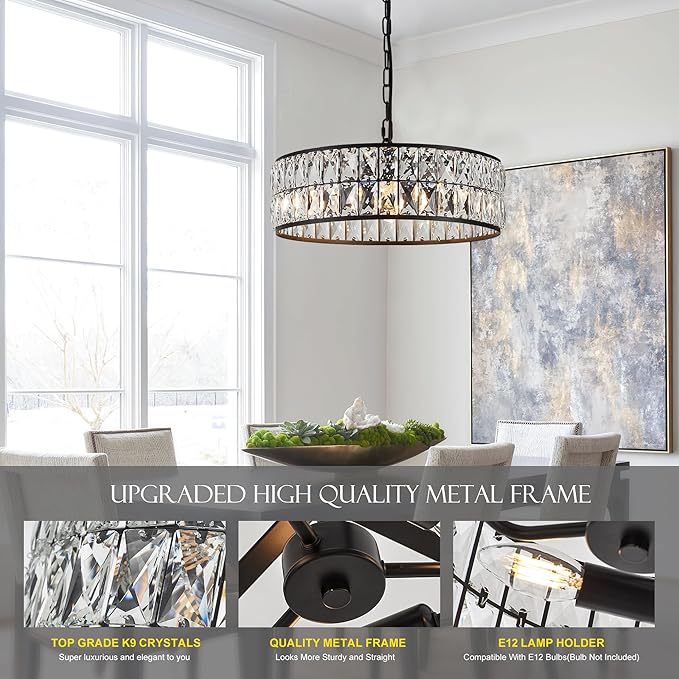16” 4-Light Modern Crystal Chandeliers Black Dinning Room Light Fixture, Round Pendant Light Kitchen Island Chandelier, Flush Mount Ceiling Light for Living Room Entryway Bedroom Foyer-Ruum Studio Home