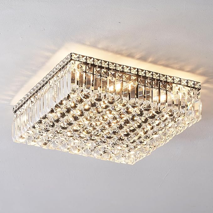 12-Lights Black Crystal Flush Mount Ceiling Light Fixtures,Elegant Crystal Chandelier Pendant Ceiling Lamp for Bedroom,Living Room,Dining Room,Hallway H5.9 x W20 x L20 (Bulb Not Included)Square-Ruum Studio Home