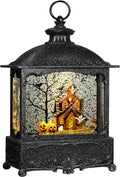 Halloween Snow Globe Lantern Haunted House Pumpkin Ghost Tree Crow Rip Dancing Bats with Timer, USB and Battery Powered 12 inch-Ruum Studio Home