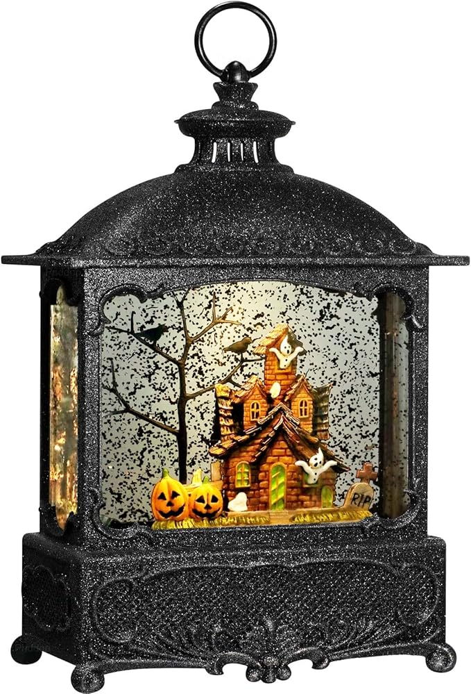 Halloween Snow Globe Lantern Haunted House Pumpkin Ghost Tree Crow Rip Dancing Bats with Timer, USB and Battery Powered 12 inch-Ruum Studio Home