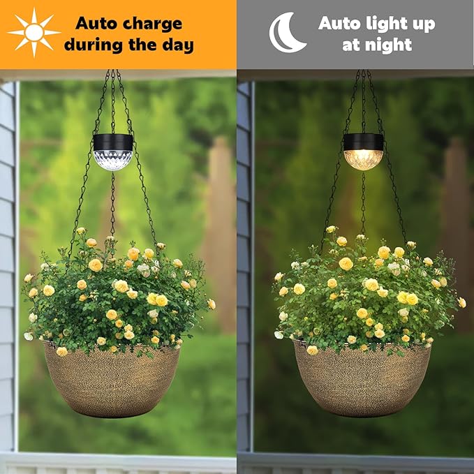 2 Packs Hanging Planters Basket for Outdoor Plants, Solar Powered Self Watering Copper Round Plastic Flower Pots with Drainer for Balcony Patio Garden Outdoor Decoration-Ruum Studio Home