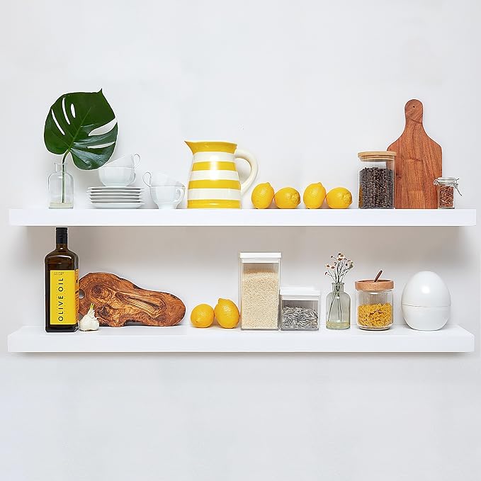 Homeforia White Floating Shelf 48 inches, High End Solid Real Wood 48inch Long Floating Shelves for Wall Mounted, White Wooden 48in Floating Shelves, Heavy Duty Bracket, 48 X 6.5 X 1.75 inch, Set of 2-Ruum Studio Home