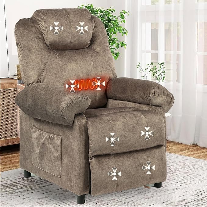 KCREAM Massage Recliner Chair with Heat,Overstuffed Fabric Recliner Chairs with Heating,Small Recliner for Living Room Bedroom, Manual Reclining Single Sofa Recliners Lounge Chair for Adult,Brown-Ruum Studio Home