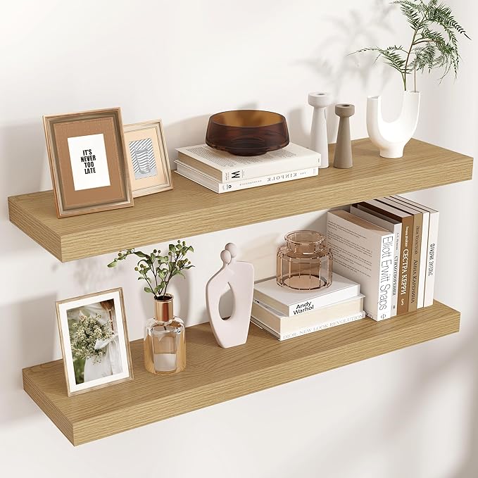 Floating Shelves for Wall, 2 Large Wall Mounted Shelves with Invisible Brackets, Long Wood Floating Wall Shelf Shelves for Living Room, Bedroom, Kitchen, (Oak, 36" W x 9" D x 1.5" H)-Ruum Studio Home
