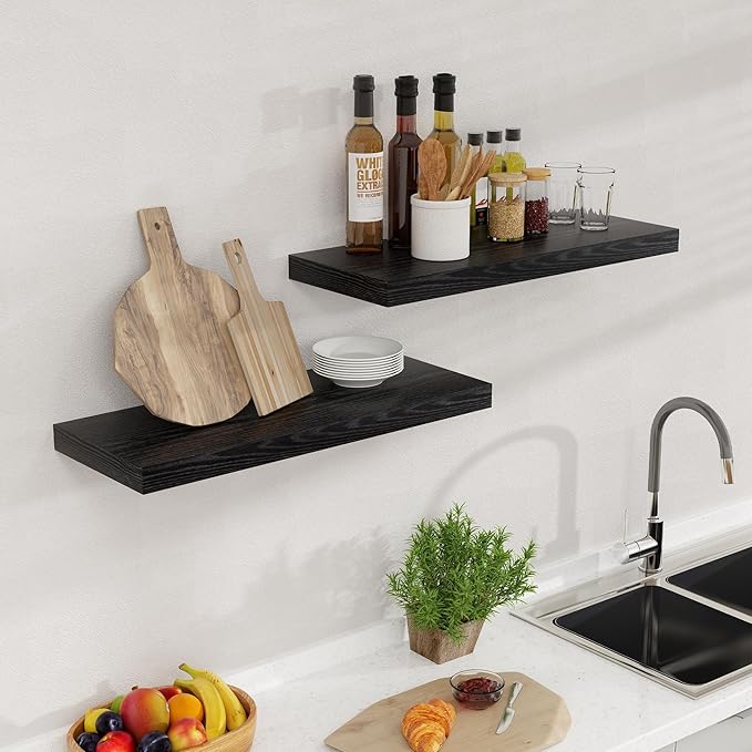 24 Inch Floating Shelves, Rustic 24 x 9 Black Floating Shelf for Wall, Black Bathroom Shelf Set of 2, Farmhouse Wood Wall Shelves for Bedroom, Kitchen, 9 Inch Deep Shelves for Home Storage-Ruum Studio Home
