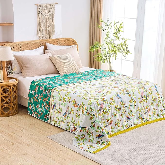 Boho Throw Blanket for Bed, 100% Cotton Soft Rustic Quilt Fall Blanket, 90"x98" Floral Printed Farmhouse Decor Bed Blankets, All Season Rustic Reversible Bohemian Throw Quilt-Ruum Studio Home