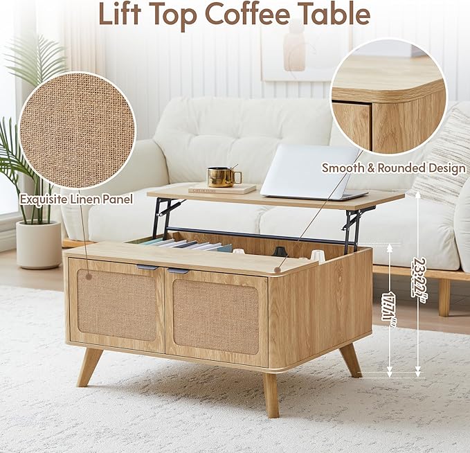 AVZEAR Wood Lift Top Coffee Table with Storage, Boho Modern Coffee Table with Nature Linen Doors & Large Hidden Storage, Rounded Corners Center Table Farmhouse Coffee Tables for Living Room, Natural-Ruum Studio Home