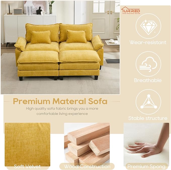 URRED Modular Sectional Sofa Comfy Cloud Couch, Modern Chenille Sofa Sleeper Deep Seat Couches with Ottoman/Pillows for Living Room (Yellow, 82.6''- 2 Ottomans)-Ruum Studio Home