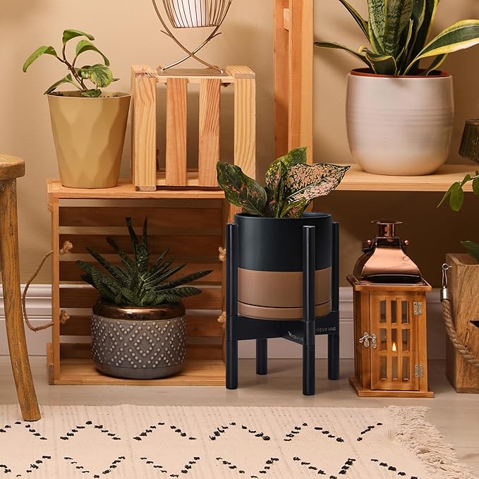 D'vine Dev Ceramic Planter with Ebony Stand - 8 Inch Modern Round Flower Pot with Wood Planter Holder, Black/Speckled Tan, 55-B-M-7-Ruum Studio Home