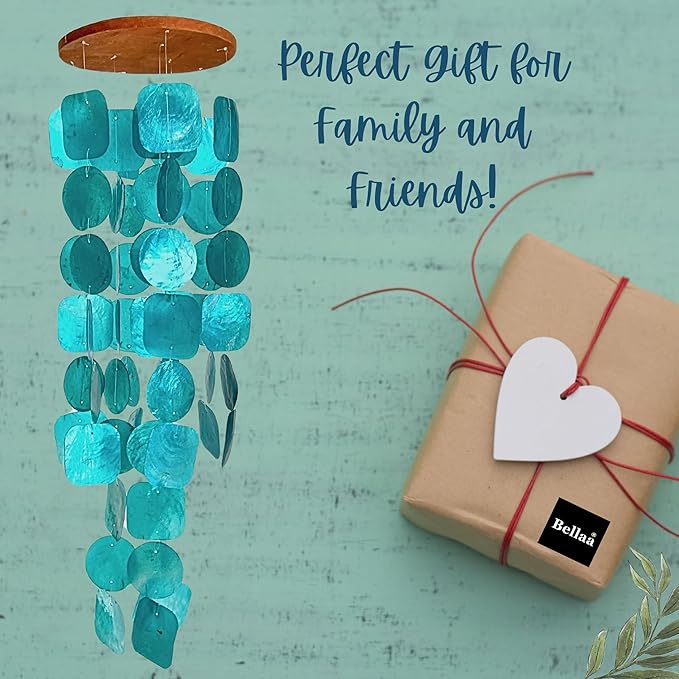Bellaa 20744 Wind Chimes Outdoor, Garden Decorations, Musical, Indoor/Outside Windchimes, Beach, Ocean Breeze, Gifts for Mom, Gift for All Occasions, Capiz Sea Glass Shells Wood Turquoise Blue-Ruum Studio Home