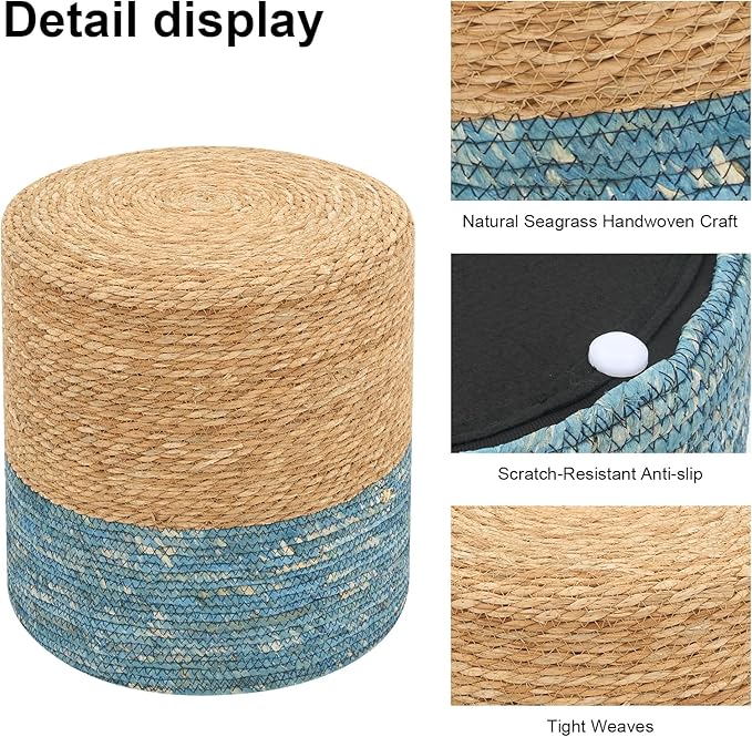 Pouf Ottomans, Handwoven Natural Straw Footstool, Round Braided Outdoor Patio Stool with Wood Frame, Boho Decor Accent Seat Balcony, or Garden (Blue)-Ruum Studio Home