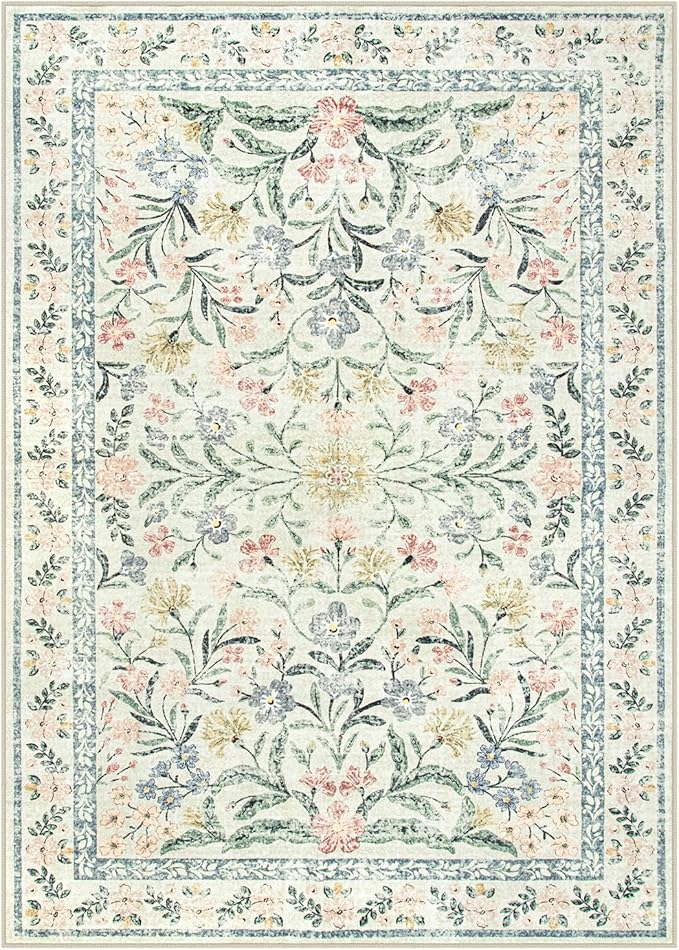 Wonnitar Washable Area Rugs 5x7, Soft Floral Bedroom Area Rug, Washable Carpet 5x7 Non Slip, Boho Flower Print Beige Carpets for Living Room Bedside Dining Room-Ruum Studio Home