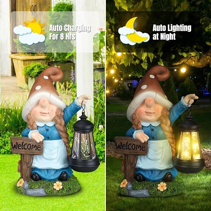 Solar Large Gnome Garden Statue with Welcome Sign Outdoor Decor with LED Lantern Funy for Porch Yard Patio Lawn Ornament Christmas Housewarming Gardening Gift-Ruum Studio Home