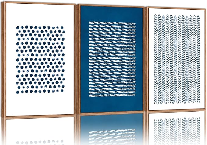 Tinonedraw Navy Blue White Framed Canvas Wall Art Set, Modern Geometric Dots Line Wall Decor, Neutral Abstract Shape Artwork, Cozy Contemporary Art Prints for Bedroom Living Room Office 16"x24"x3-Ruum Studio Home