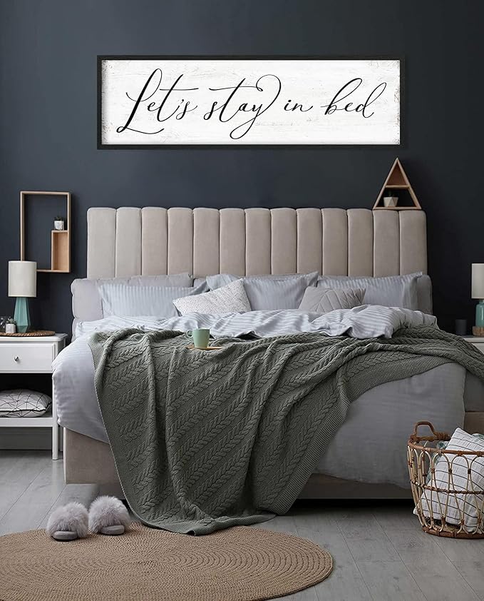 Let's Stay in Bed Sign: Rustic Bedroom Signs Wall Decor Above Bed Framed Modern Farmhouse Family Wall Signs Hanging Plaques Inspirational Quotes Master Bedroom Wall Art 12 x 40 Inch-Ruum Studio Home