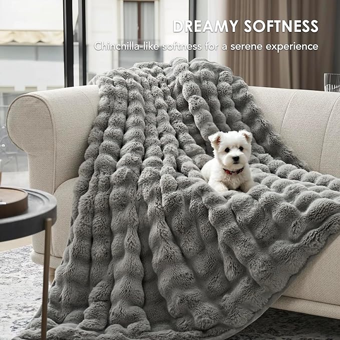 EVERGRACE Ultra Soft Luxury Fluffy Ridgeline Faux Rabbit Fur Throw Blanket, Thick Warm Bubble Throw for Bed, Cozy Plush Reversible Blankets for Couch, Chair, Sofa, Grey, 50x60 Inches, 870 GSM-Ruum Studio Home