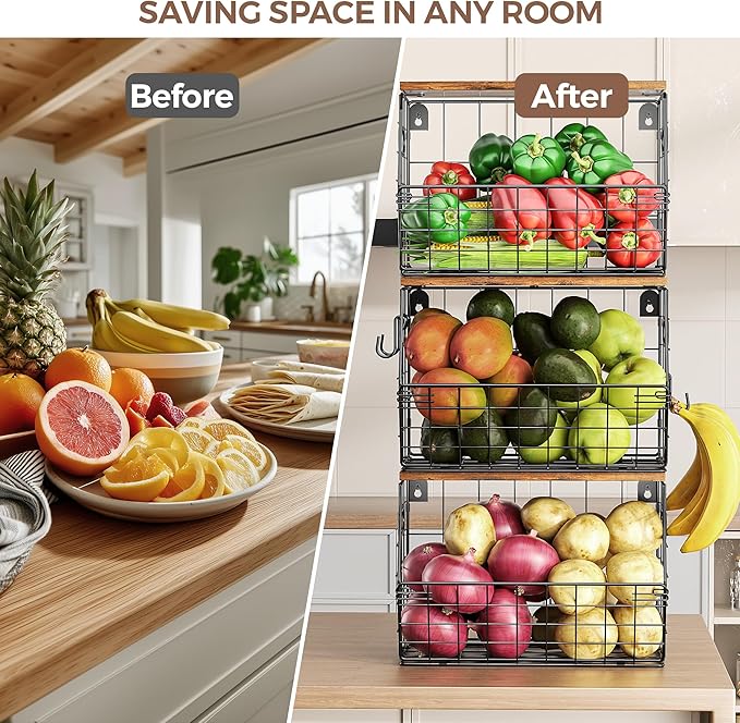 Delamu 3 Pack Stackable Metal Fruit Basket with Wood Lid-Wall Mounted&Countertop Organizer for Kitchen,Pantry- Ventilated Storage for Onions,Potatoes,Fruits,Spices,Black-Ruum Studio Home