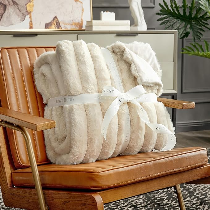 Cozy Bliss Faux Fur Throw Blanket for Couch, Cozy Warm Plush Striped Blanket for Sofa Bedroom Living Room,50 * 60 Inches Beige-Ruum Studio Home