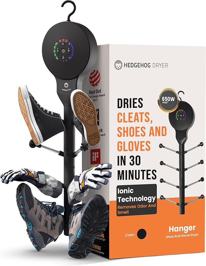 Hedgehog Hanger Shoe Dryer and Deodorizer for Sneakers, Gloves & Mittens – Rapid 4 Pair Shoes Dryer with Ionic i3 Turbo Technology, Turbocharged Drying, Silent & Tornado Mode, Adjustable Heat, Black-Ruum Studio Home